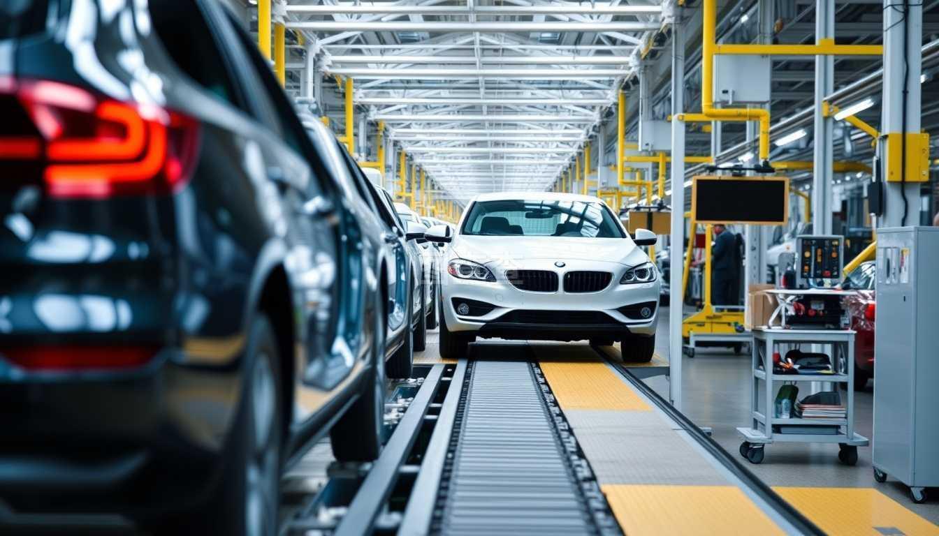 在汽車工廠的輸送線上裝配汽車。在輸送線上裝配汽車